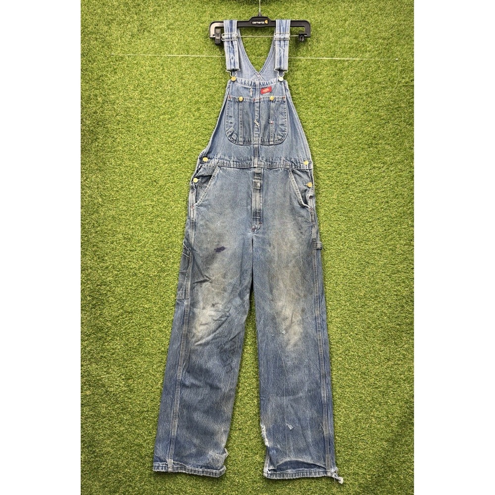 Dickies Overalls Mens 30x30 Workwear Denim Bibs Distressed Medium Wash